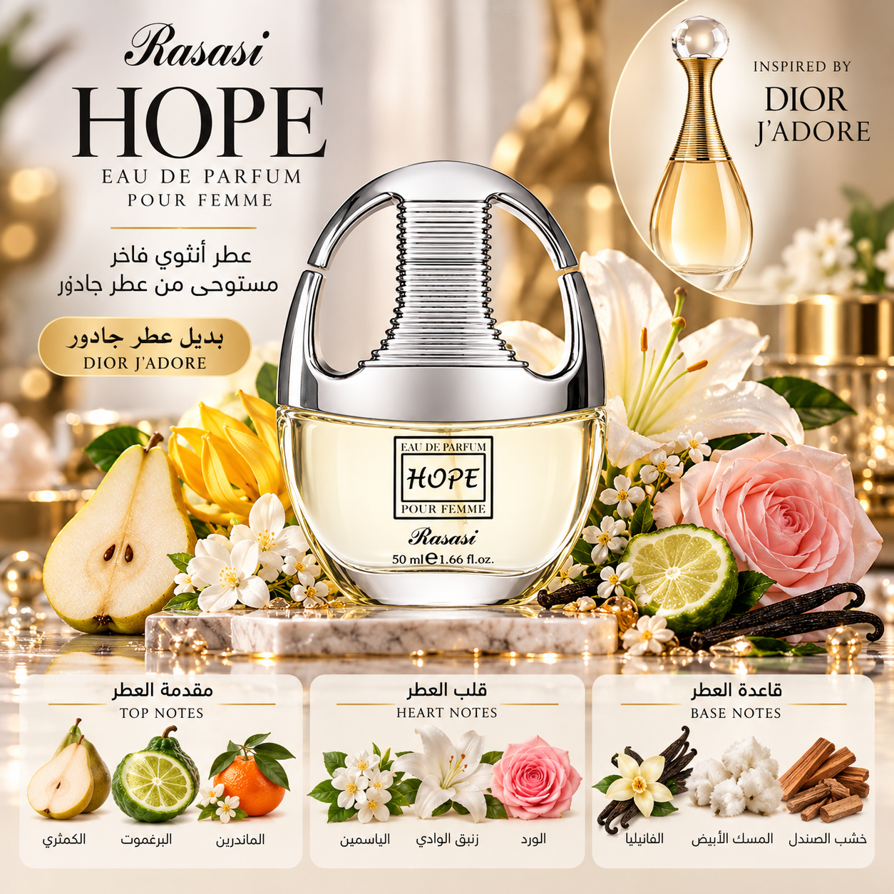 عطر هوب حريمي من الرصاصي أو دو بارفيوم 50 مل – Rasasi Hope Pour Femme (شبيه عطر جادور الشهير) - الصورة 3